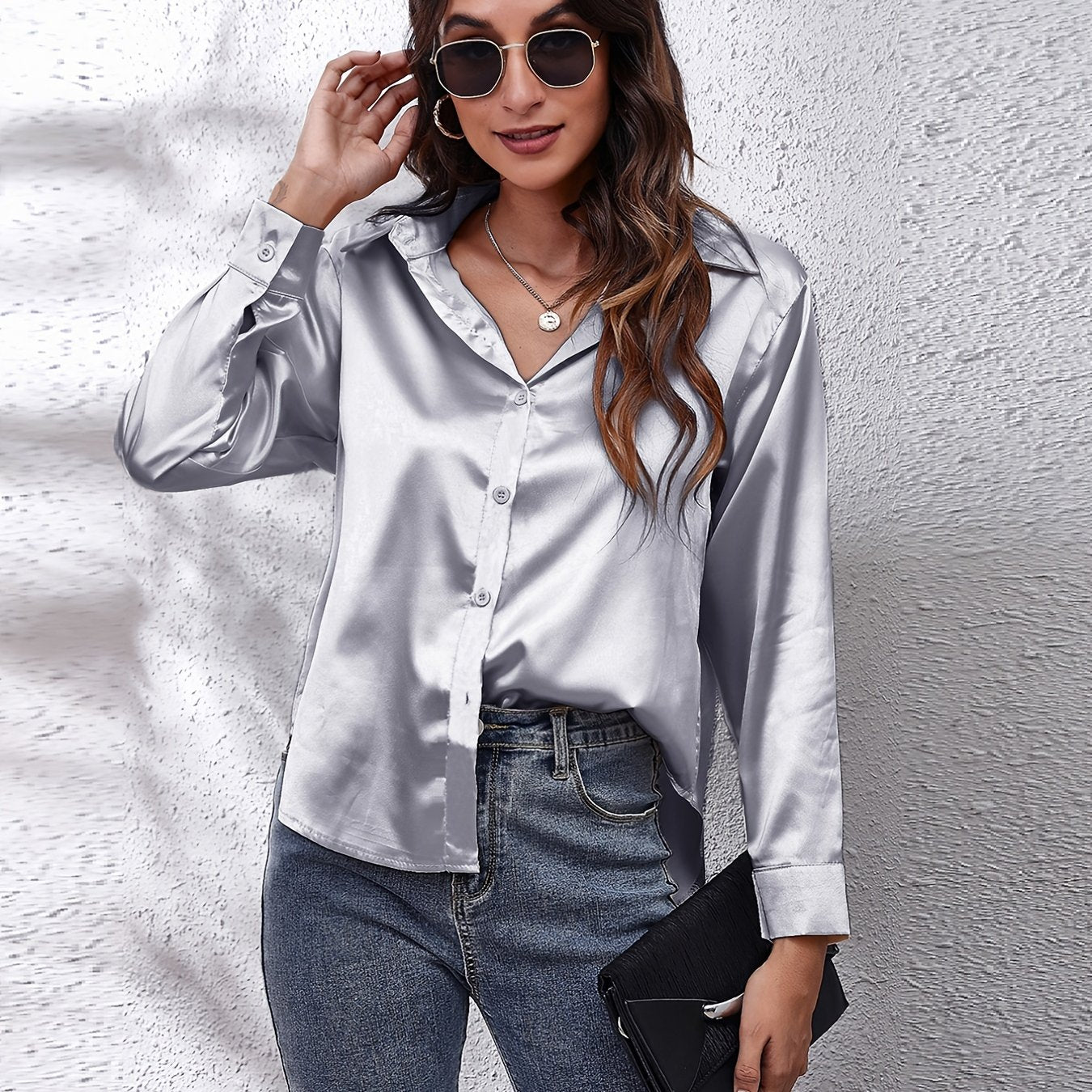 Women's Elegant Satin Shirt with Lapel Collar, Polyester, Solid Color, Regular Length, Single Breasted