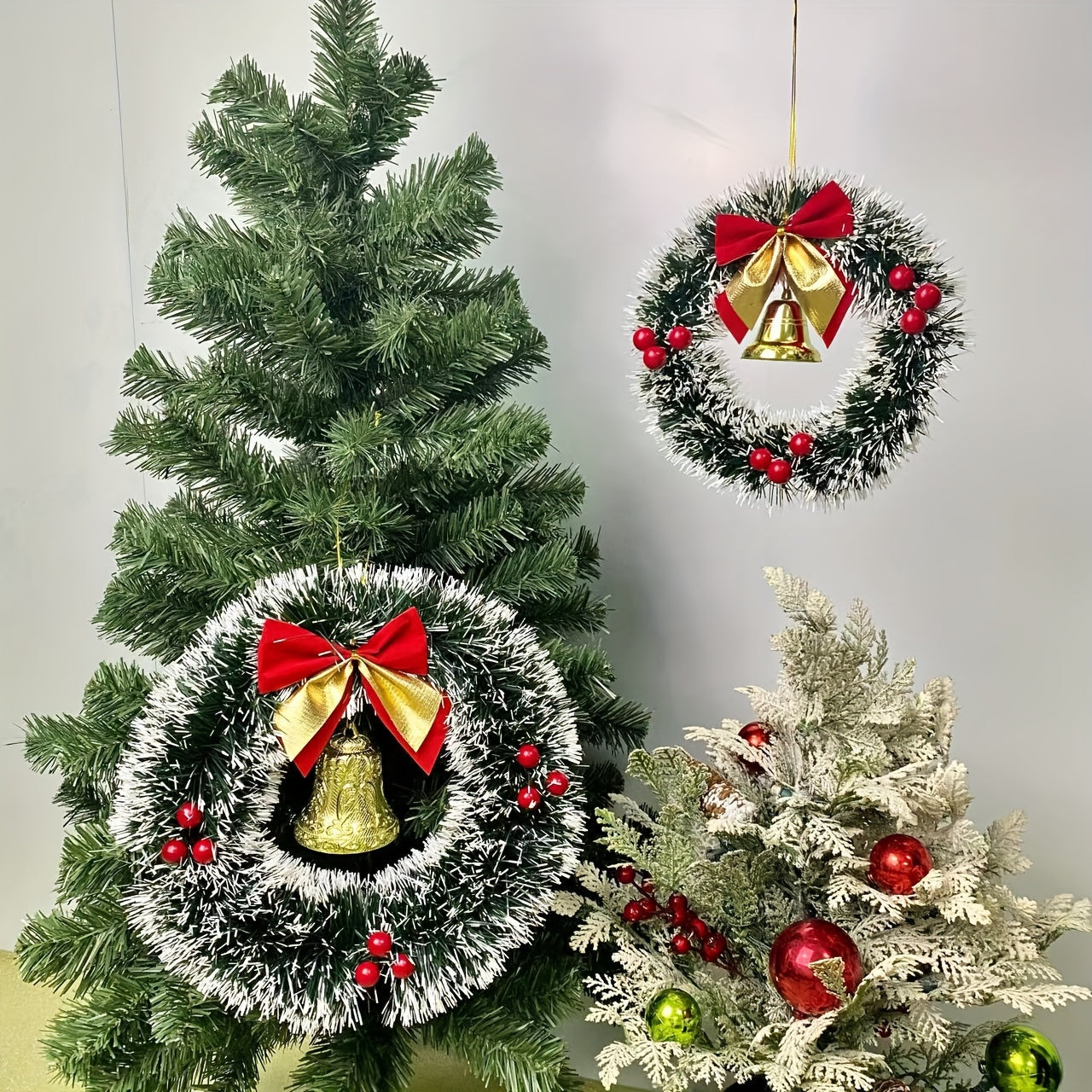 20/30cm Christmas Garland: Dark Green with White Edge, Bells, Red Fruit, Classic Bow