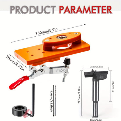 Eshiklar va shkaflar uchun 35mm Hinge Drill Guide Jig Set, ko'rinmas teshik punch joylashuvchisi bilan yog'och ishlash asboblari to'plami.