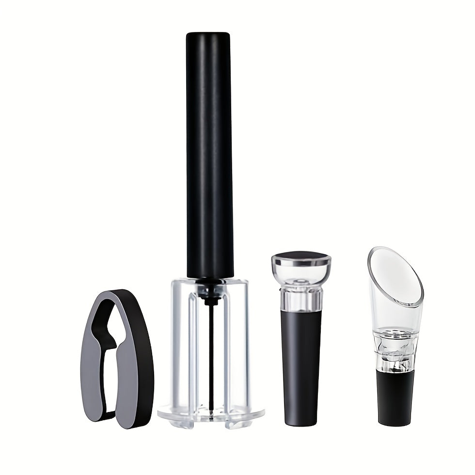 Luxurious wine opener set includes air pump opener, corkscrew, vacuum preserver, and unique wine glass - ideal for holidays and kitchen essentials.