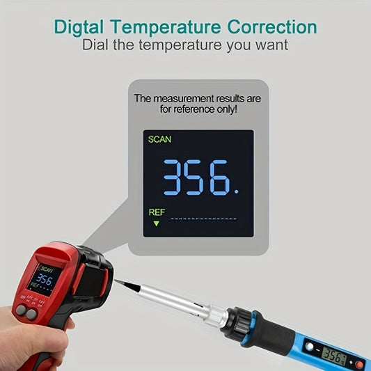 80W adjustable temperature soldering iron kit with European plug, blue & black, includes precision tips & solder paste for DIY electronics projects.