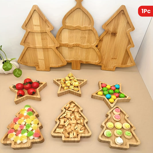 Wooden Christmas tree tray for serving various food and drinks, features grooved handle for easy carrying, ideal for home kitchen use.