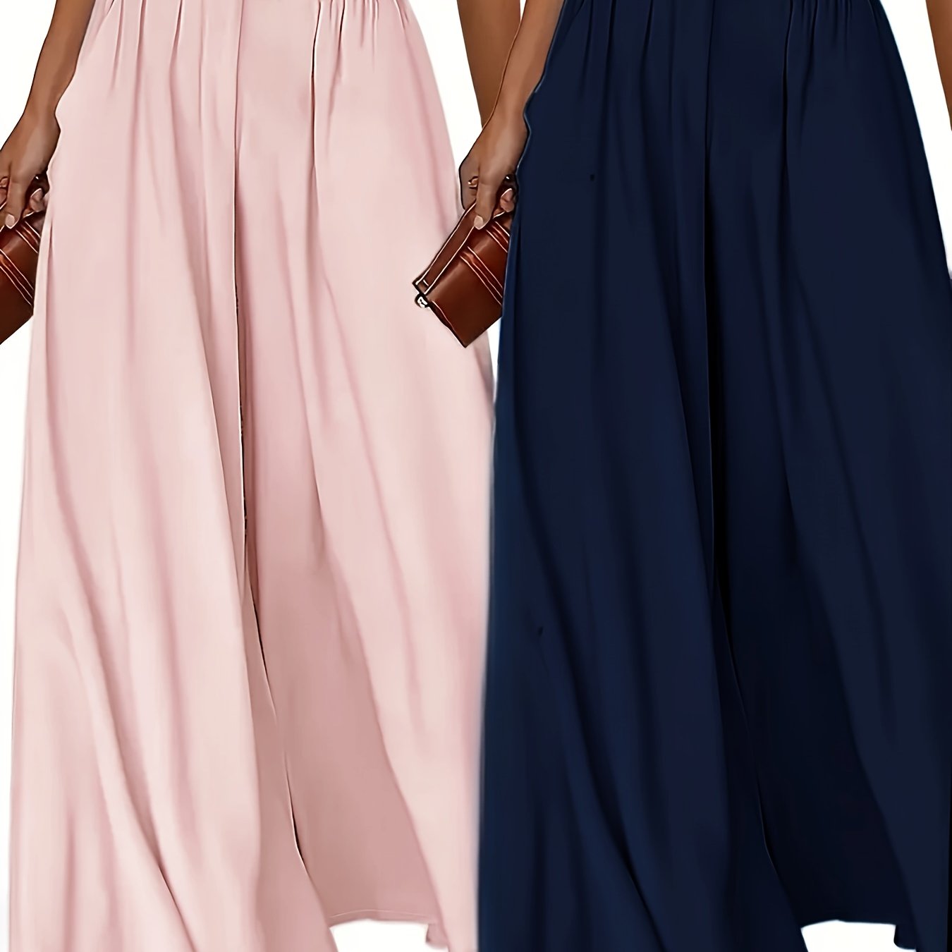 Set of 2 women's high waist wide leg pants in solid color polyester with pockets, ideal for all-season wear.