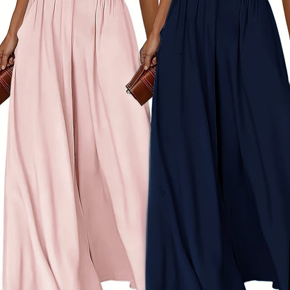 Set of 2 women's high waist wide leg pants in solid color polyester with pockets, ideal for all-season wear.