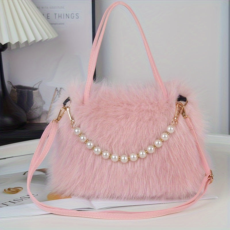 Stylish faux fur crossbody bag with pearl accents in pink, khaki, coffee, white, and black colors for women.