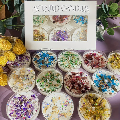 6 crystal dried flower aromatherapy candles in gift boxes with sequins, 6 scents, enhance romance, ideal holiday gifts.