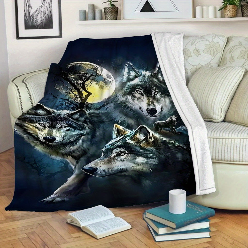 Soft and cozy Contemporary Wolves in Moonlight Design Flannel Fleece Throw Blanket, perfect for use on sofa, in the office, bed, camping, or while traveling. This multipurpose holiday gift nap blanket is made of knitted polyester, machine washable, and