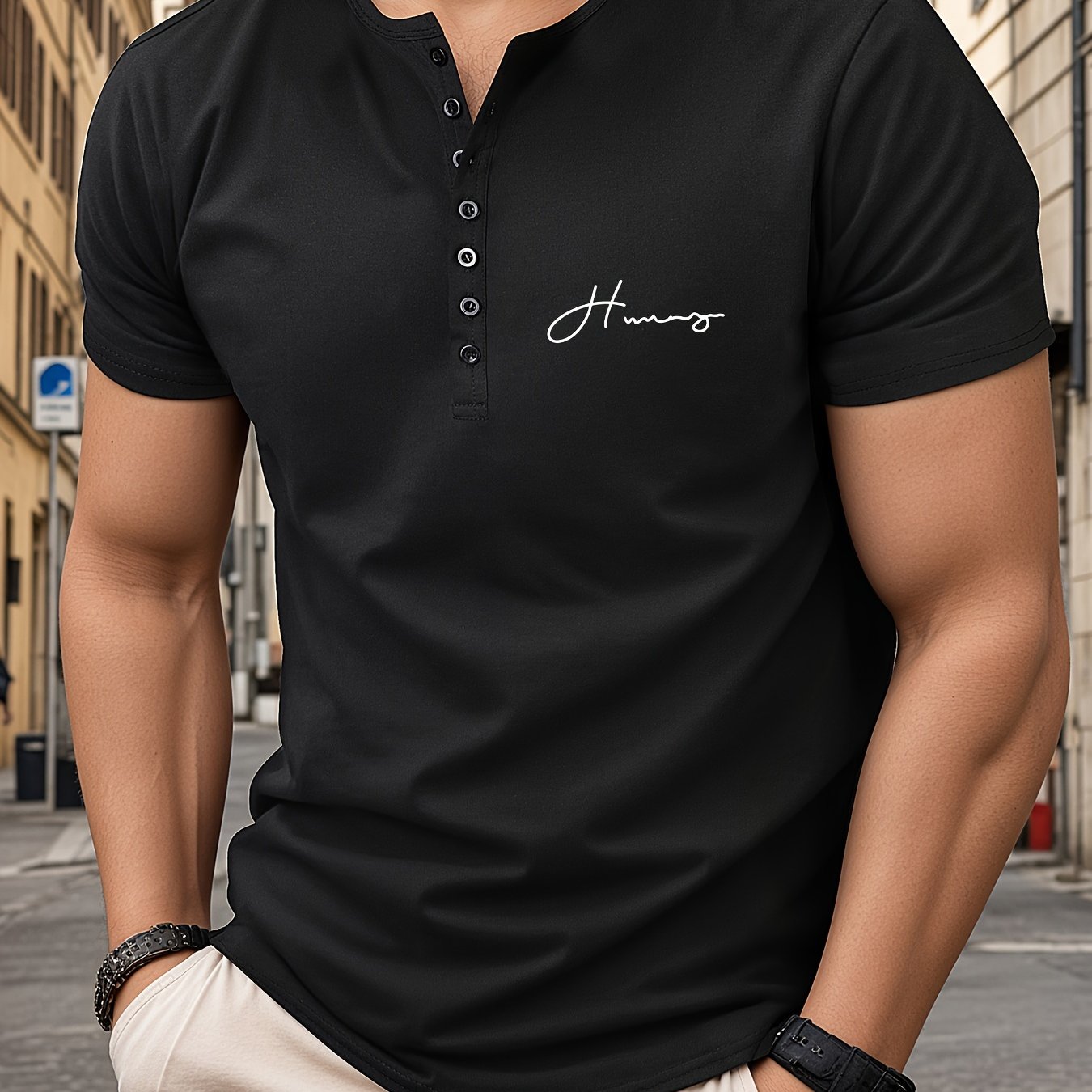 Men's athletic V-neck Henley t-shirt with trendy letter print for spring and summer fitness.