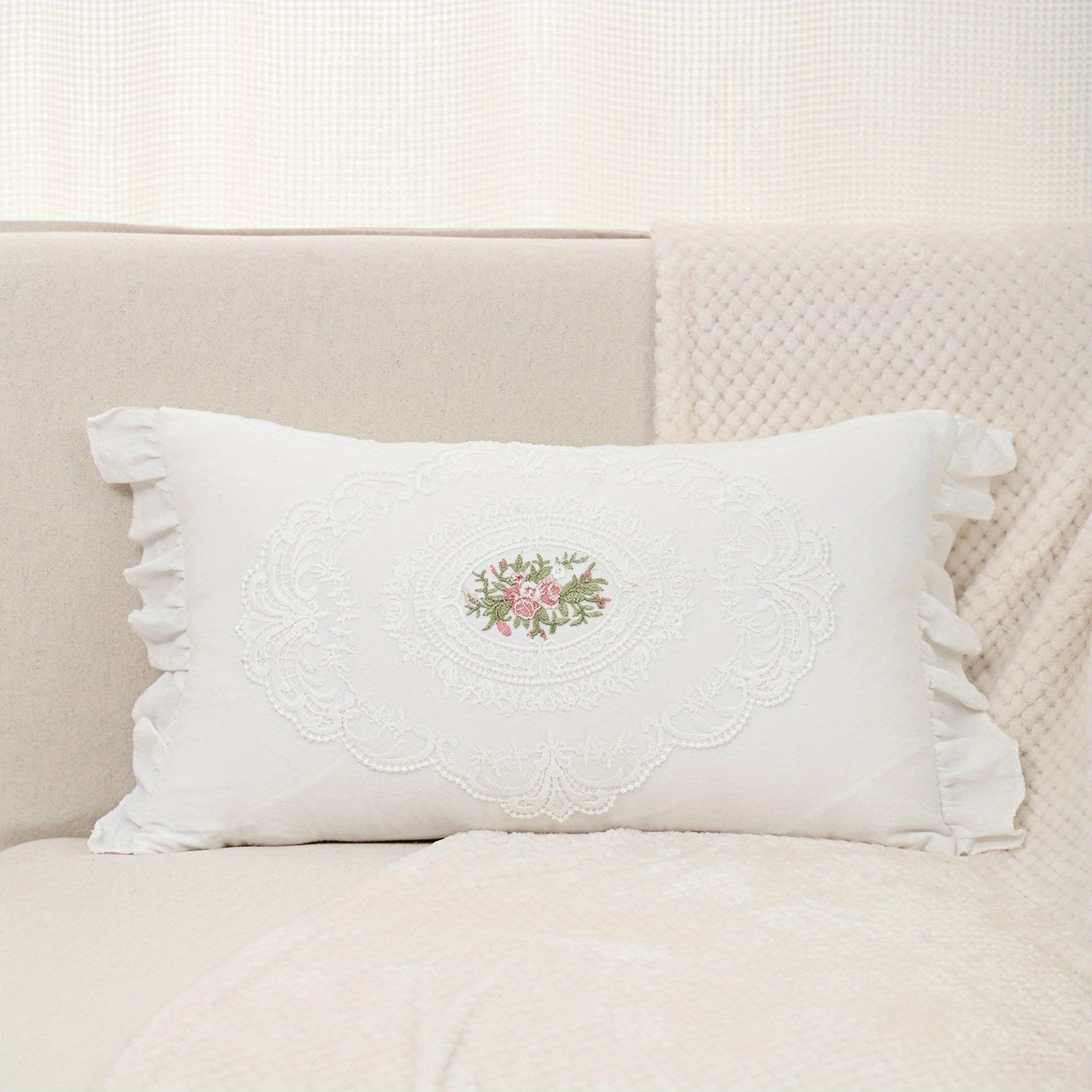 Rustic embroidery pillow case with French ruffle, for living room or bedroom decor. No pillow insert, available in 18"x18" or 12"x20" sizes.