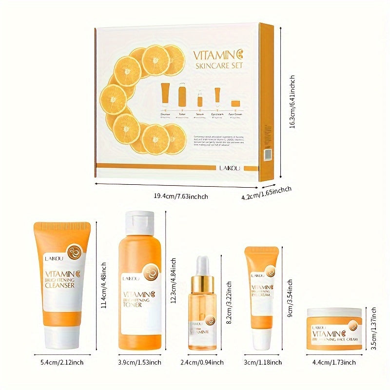 LAIKOU Vitamin C Skincare Set includes 5 items: a facial cleanser, brightening toner, essence, eye cream, and cream.