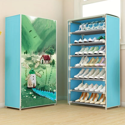 Stylish and durable shoe cabinet with dust cover, featuring a fabric cover with zipper. This shoe rack is perfect for hallways, closets, and garages. The free-standing metal shoe storage rack comes in various patterns.