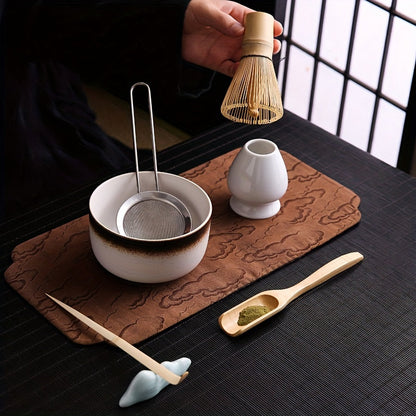 Japanese Matcha Ceremony Set includes 6 pieces - Bamboo Tea Whisk, Bowl, Spoon, Strainer & Stand - Ideal Present for Authentic Decor