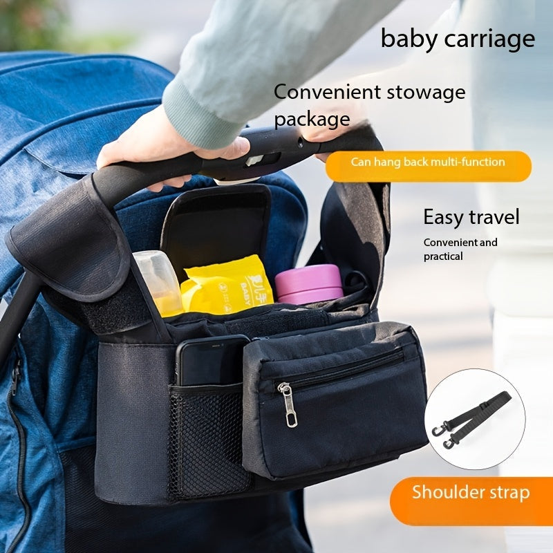 Black/Grey Universal Stroller Organizer for Moms, Features Insulated Cup Holder, Phone Pouch & Shoulder Strap. Fits Most Strollers and Pet Strollers. Durable Polyamide Material, Storage Hanging Bag Mommy Pack.