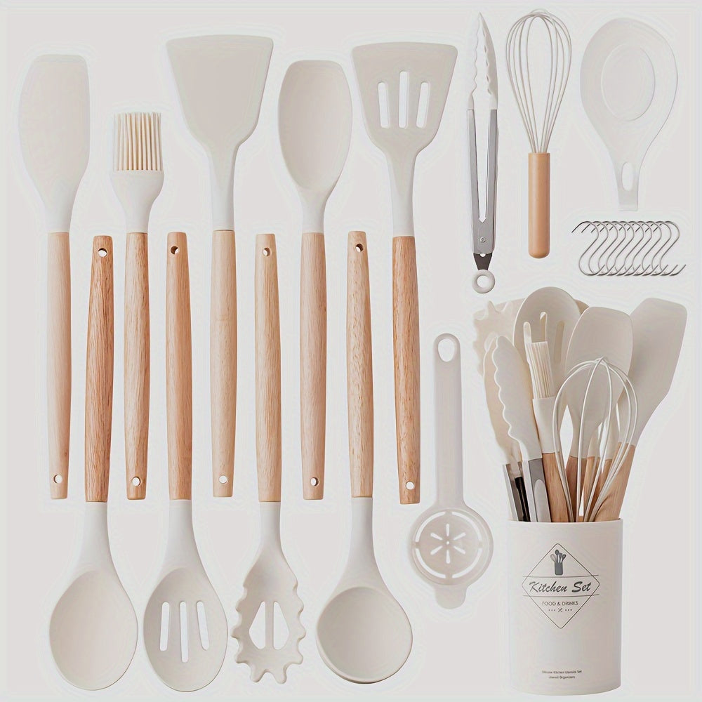 Silicone Kitchen Utensil Set with Wooden Handles - 24 Piece Set for Cooking and Baking