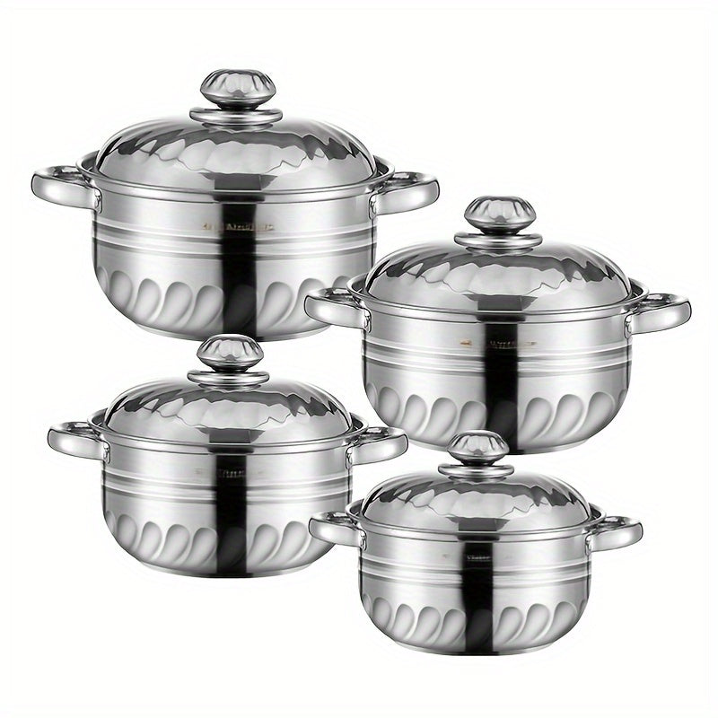 Durable Stainless Steel Soup Pot Set Includes 8 Pieces, Induction Cooker Compatible, Kitchen Cookware Gift Set with Lids for Home Cooking