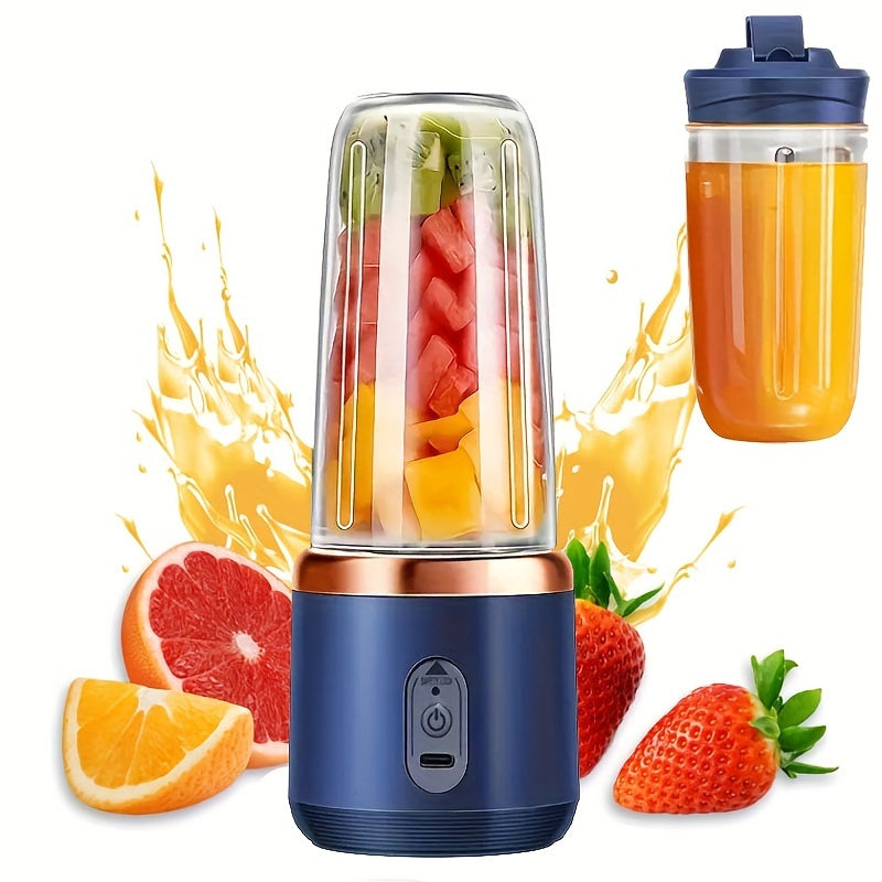 Portable USB juicer blender with 380ml capacity, detachable six-blade design, easy to clean, rechargeable battery, food-grade materials, and push-button control.