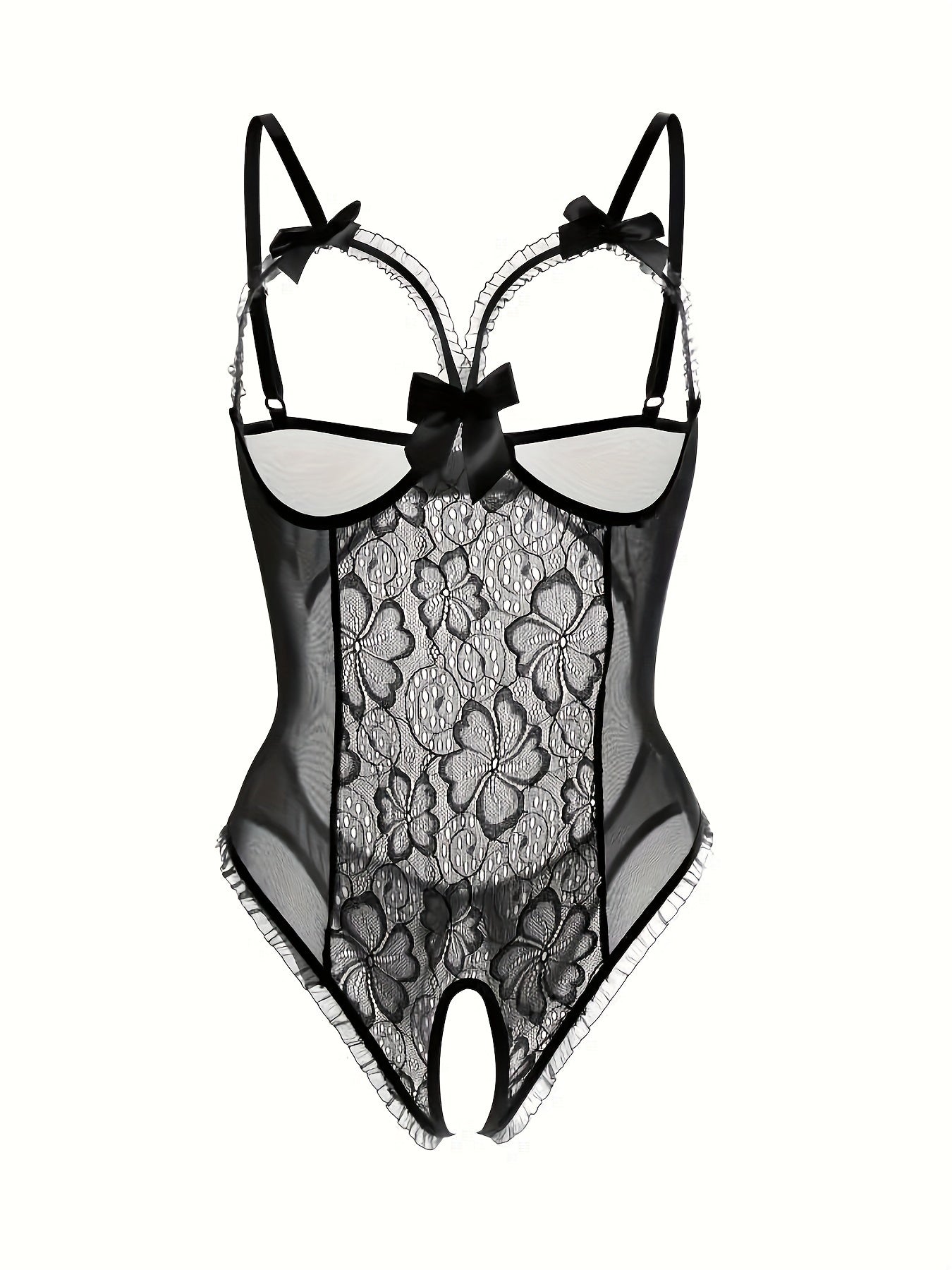 Women's sexy lingerie featuring a floral lace ruffle trim teddy and crotchless bodysuit.