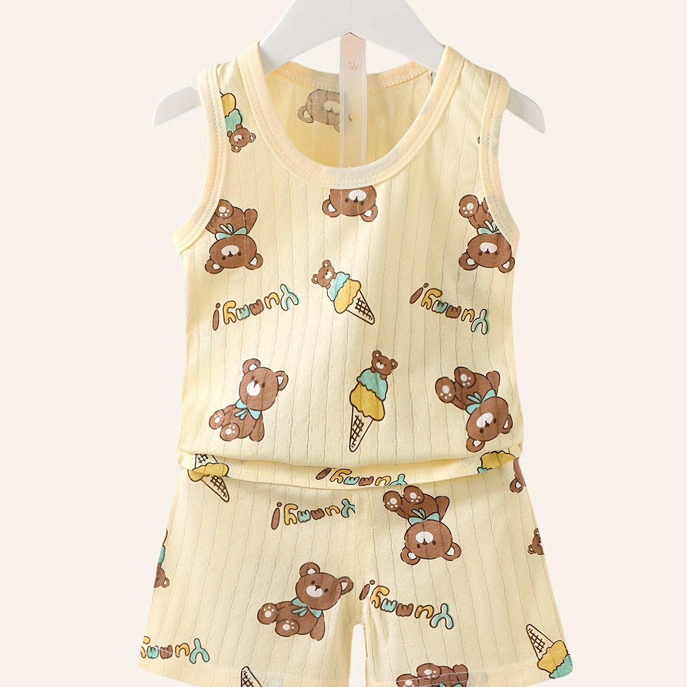 Kids' Cartoon Bear Print Cotton Underwear Set, Cute Style, Crew Neck Sleeveless Top and Shorts, Boys Summer Outfit