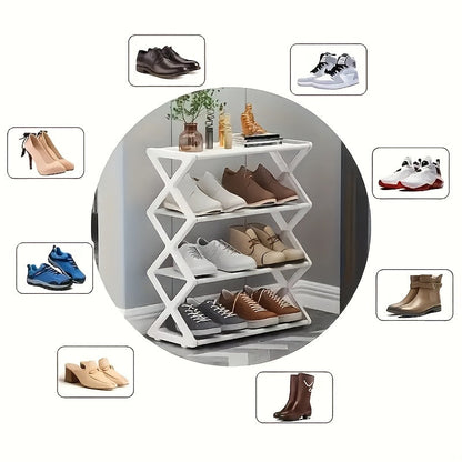 The Black Steel Tube Style X-Shaped Shoe Rack is a convenient and space-saving storage solution for shoes. With a 4-tier design and metal frame, it is easy to assemble and features a dustproof, multi-layer design. Ideal for entryways, bedrooms, and