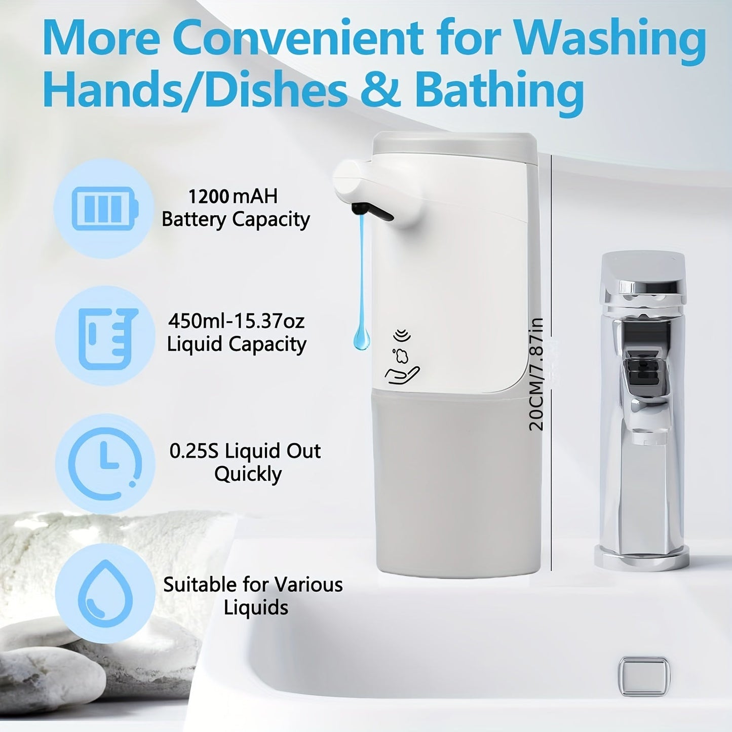 Touch-free soap dispenser with a 450ml capacity and 3-mode infrared sensor. This USB-C rechargeable dispenser is suitable for use in the bathroom, kitchen, or with hand sanitizer and dish soap. Made from plastic material and not intended for use with