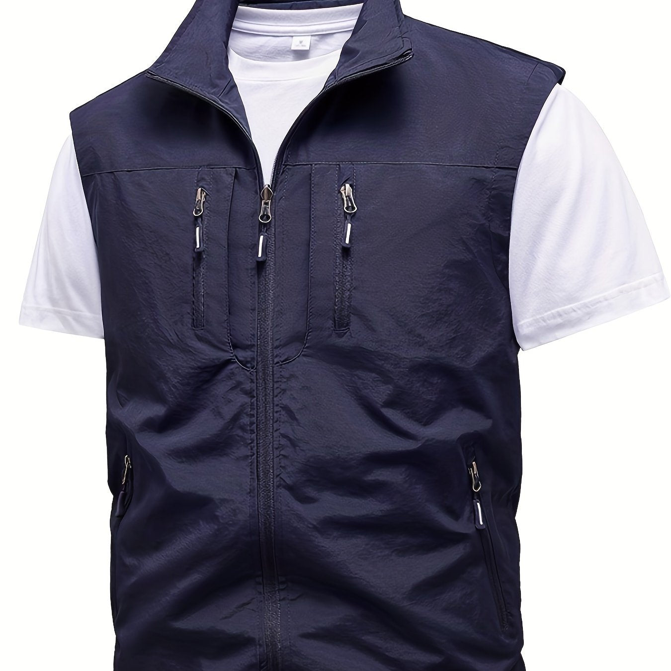 Men's Solid Color Stand Collar Cargo Vest for Spring and Summer