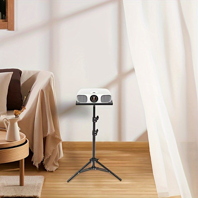 Adjustable tripod stand for projector made of carbon steel, suitable for cameras and laptops. Standard mount holder, does not include battery and is not wireless.