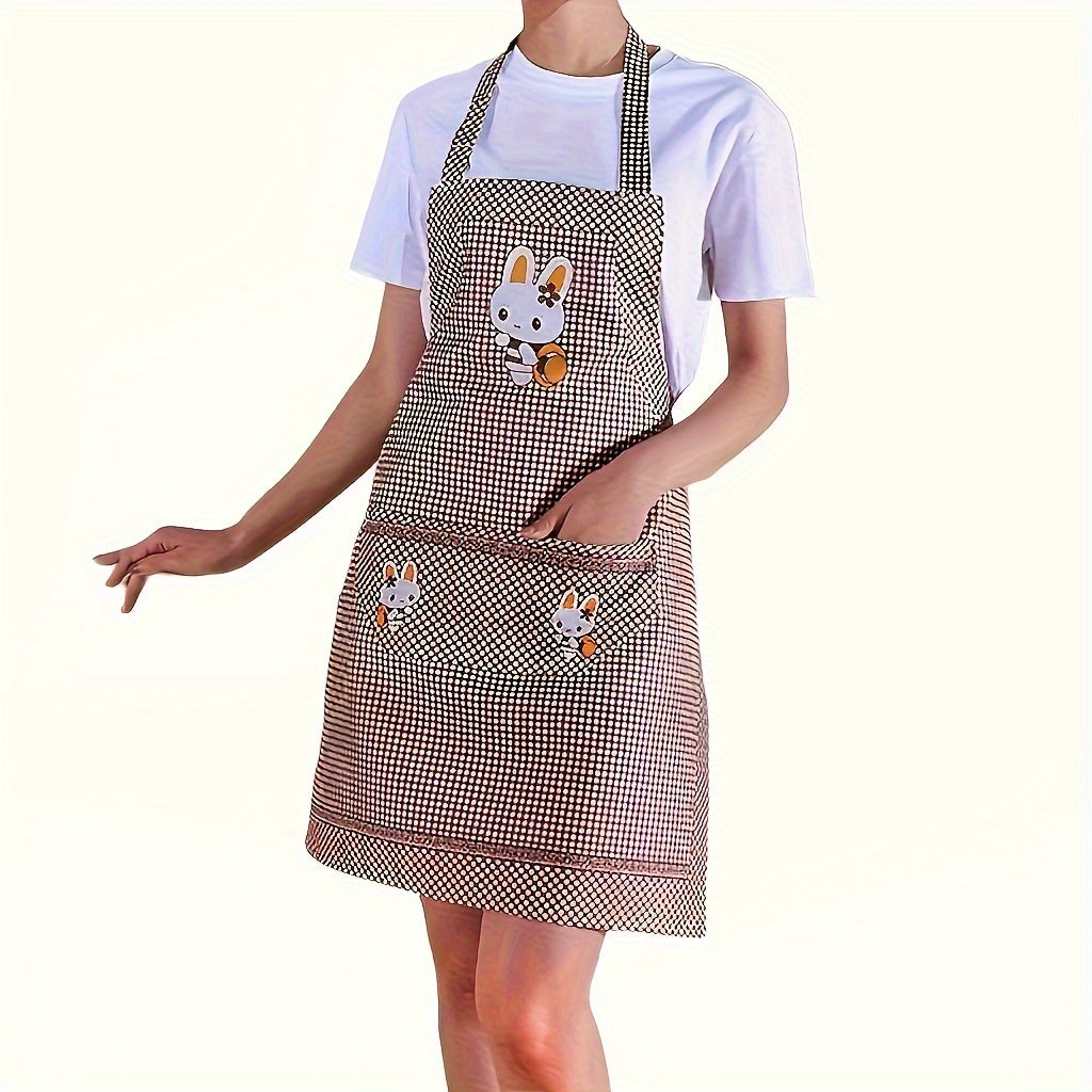 Plaid polyester kitchen apron featuring cute bunny design in soft woven velvet fabric, durable for home and restaurant use. Available in pink and purple.