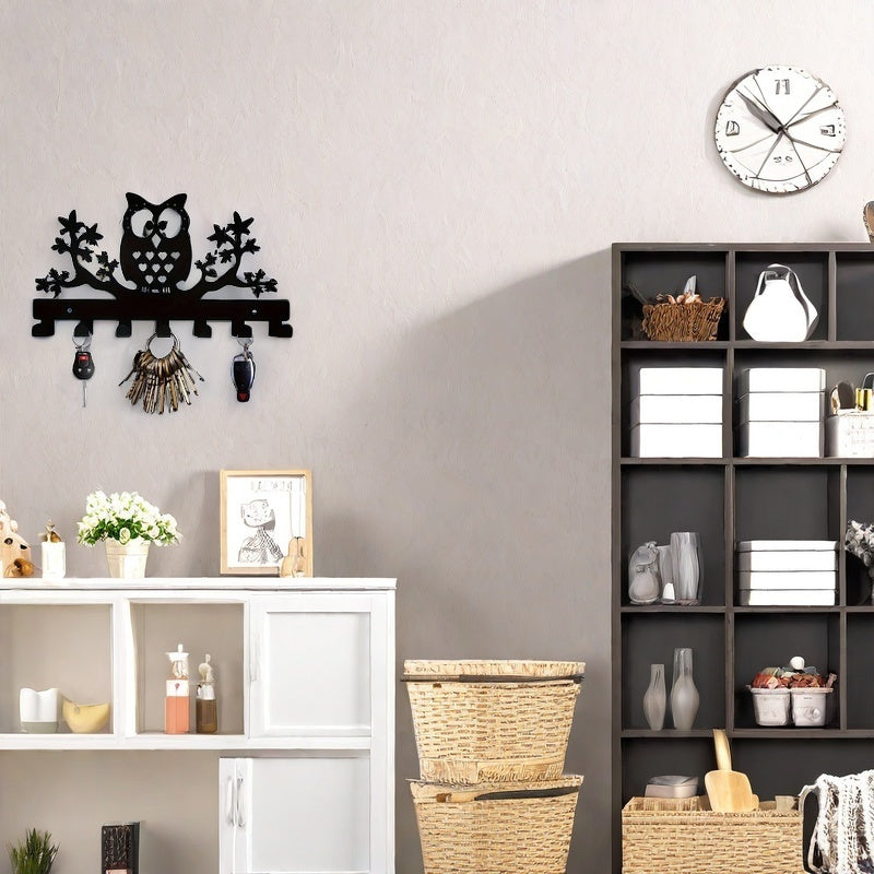 Iron Owl Coat Hook with Seven Hooks, Wall-Mounted for Entryway Storage