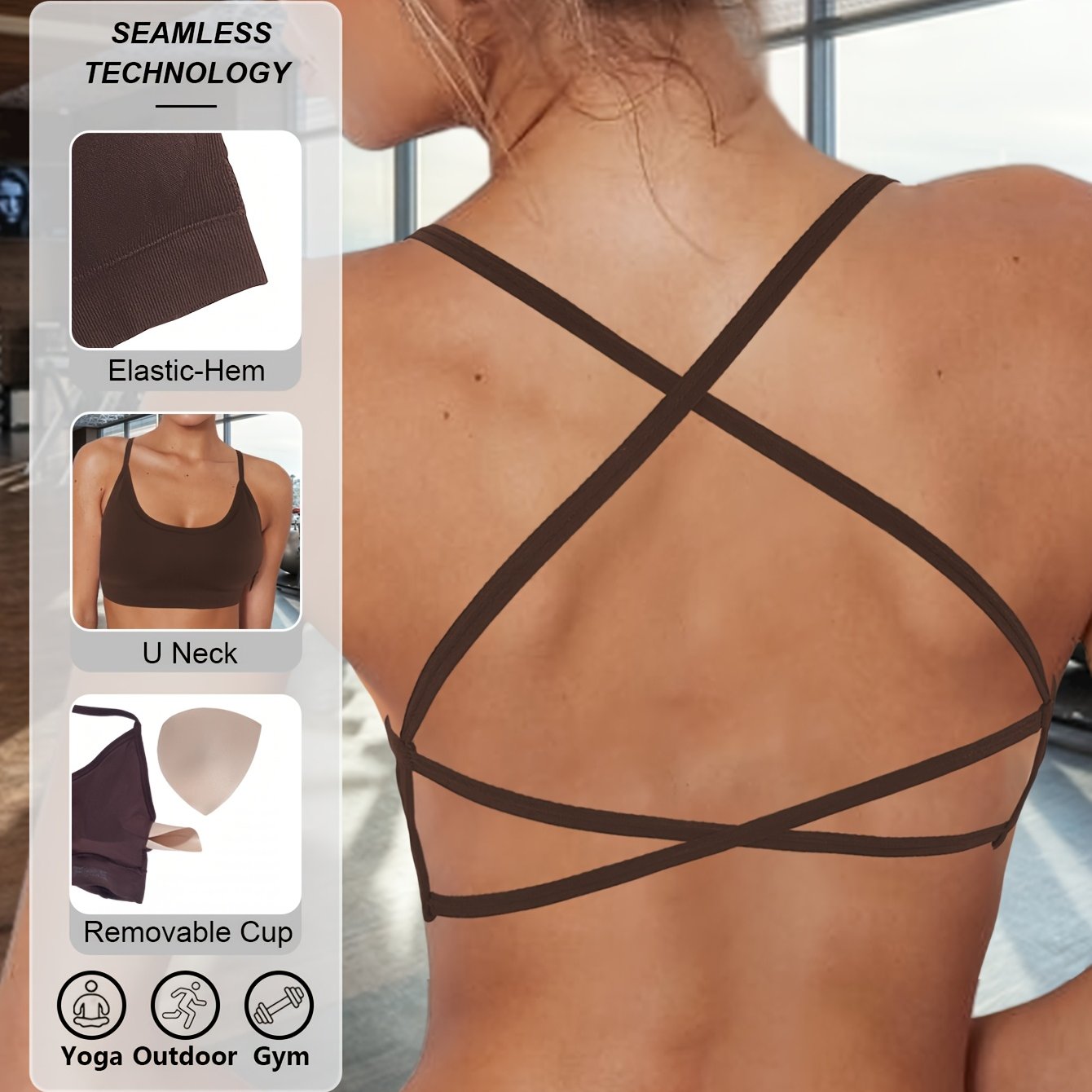 High-elastic sports bra with seamless design and high-intensity shock resistance, featuring breathable cross shoulder straps for yoga and fitness.