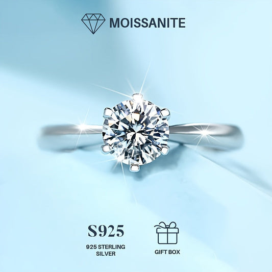 925 Sterling Silver Promise Ring with Moissanite stone, perfect for engagements or weddings. Comes with certificate of authenticity and gift box. High quality jewelry. Available in 1/2/3/5/10 carat sizes.