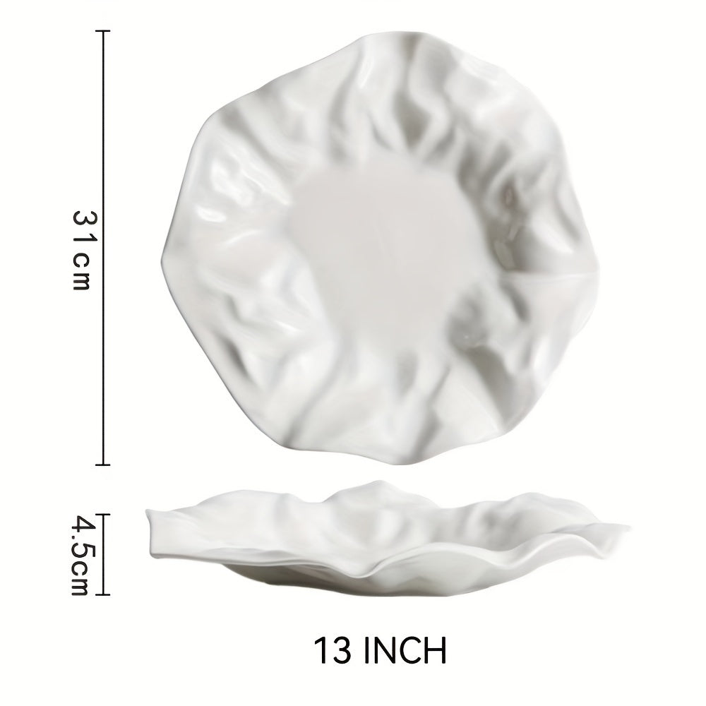 Single white ceramic dish, versatile for afternoon tea, pasta, molecular cuisine, diet meals, desserts, salads, and fruits. Ideal for home or restaurant parties.