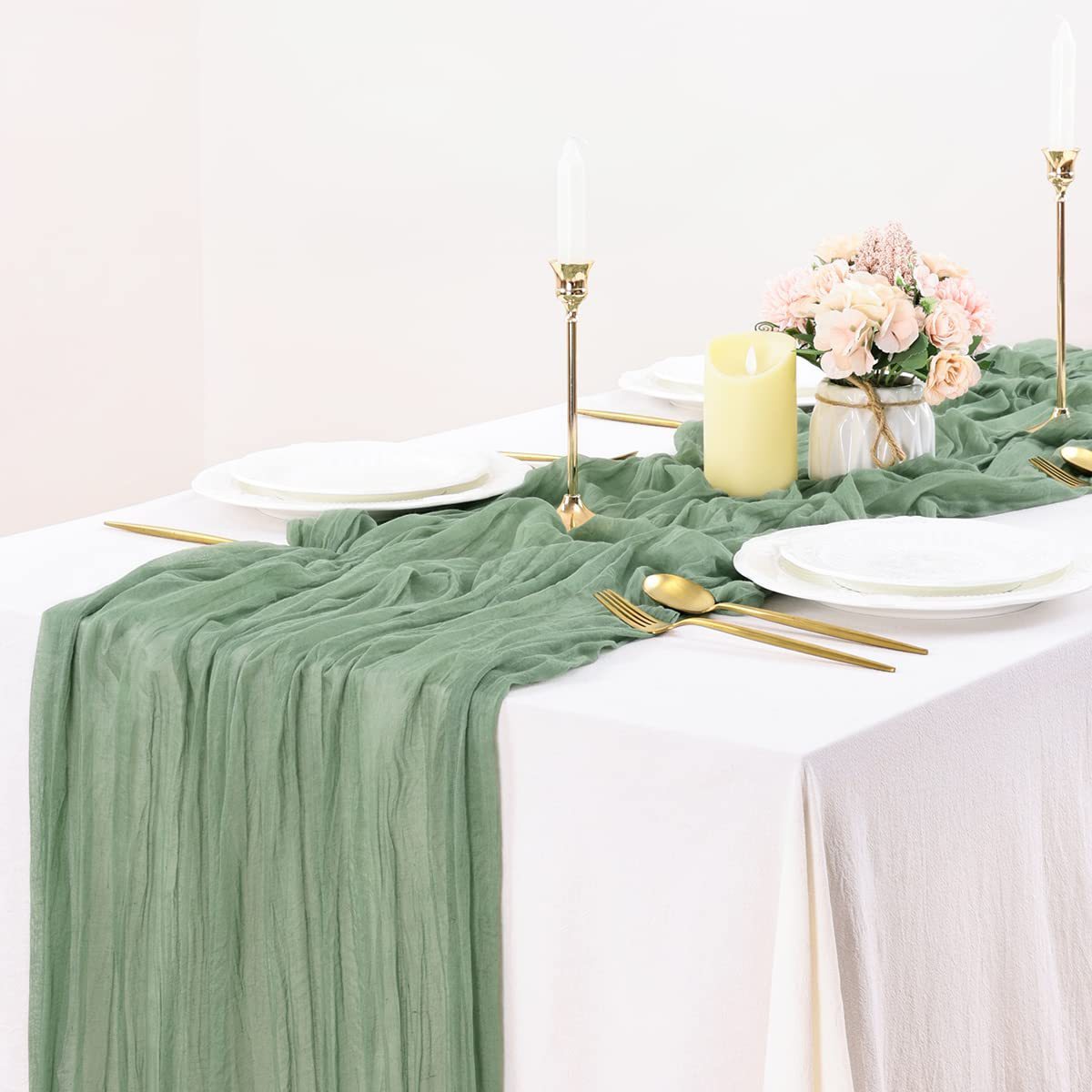 Boho cheesecloth table runner for various occasions and home decor.