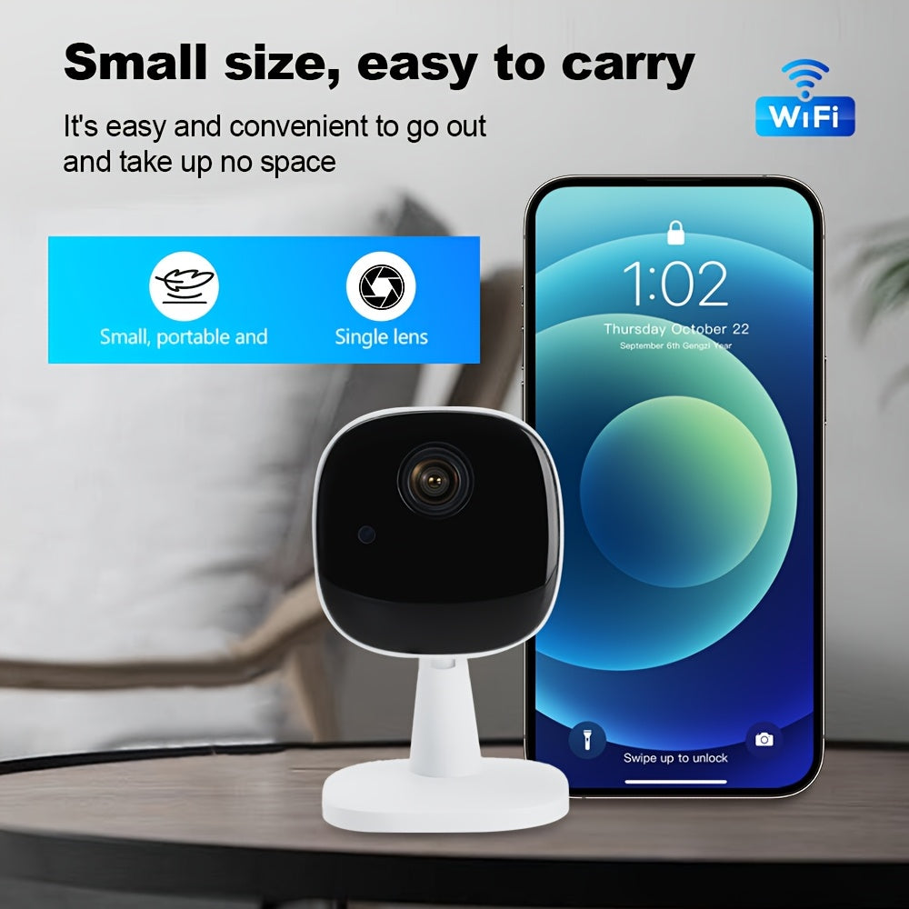 1080P HD WiFi camera with voice intercom, night vision, motion alerts, and remote mobile viewing. USB powered for indoor/outdoor surveillance. Sleek white design with high-definition lens