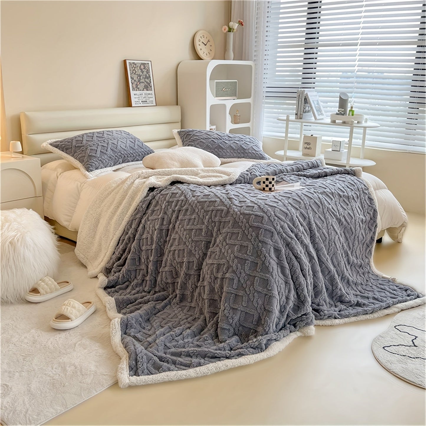 Soft cable-knit fleece blanket in blue, available in 150x200cm or 200x230cm sizes. Featuring a contemporary style, this blanket is machine washable and perfect for use in the bedroom, living room, office, or while camping during the winter. Made with a