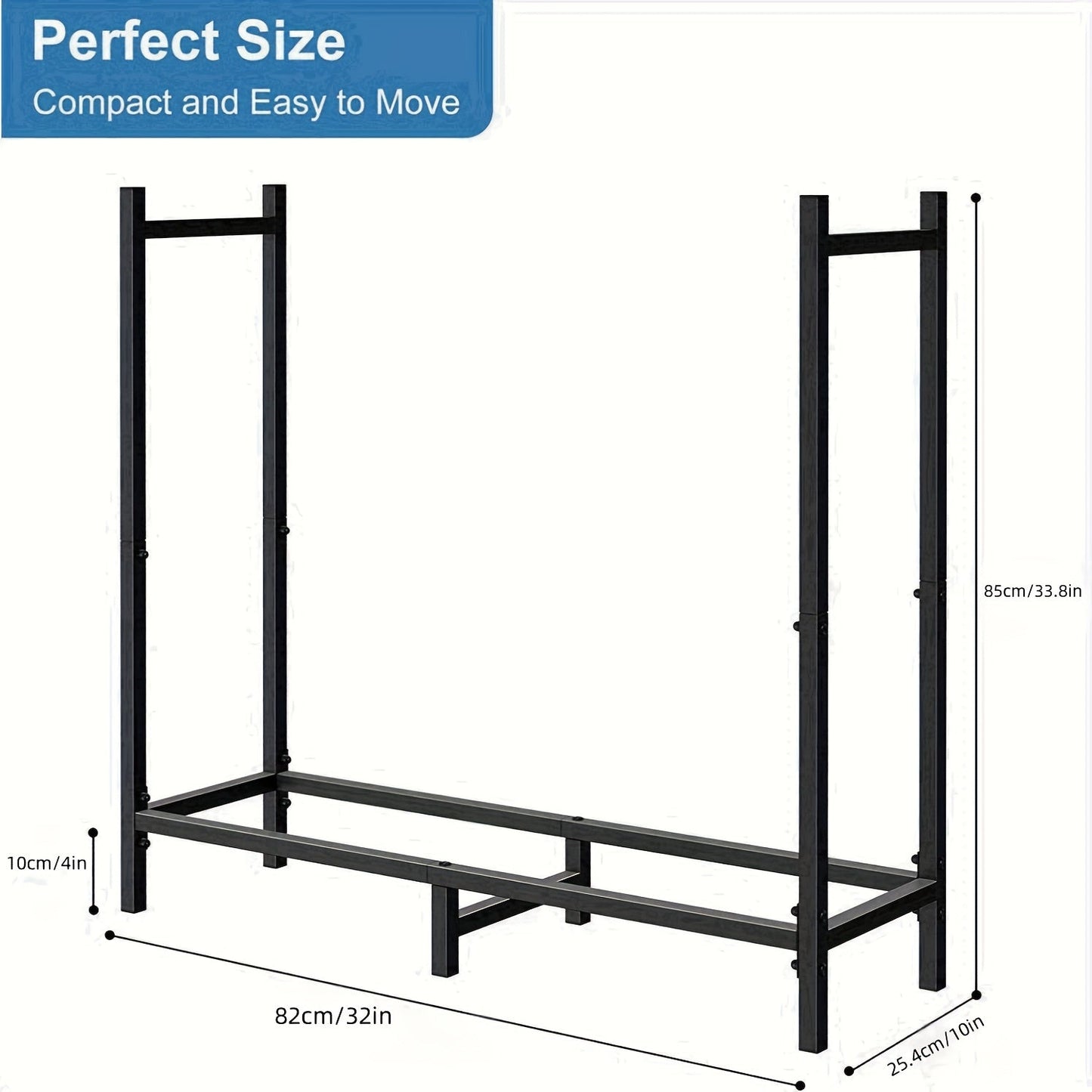 Adjustable Firewood Rack - This heavy-duty outdoor/indoor wood storage organizer for fireplaces is made of durable metal with a black powder coating and measures 79.25cm in length.