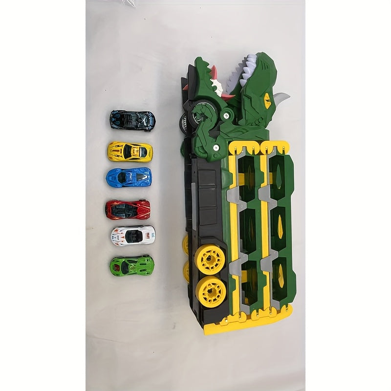 3-in-1 Dinosaur Transformer Truck Playset with 6 Mini Cars - Foldable, Slide Mechanism, 142.24cm Dual Track Racing, ABS Material, No Batteries Needed. Ideal for Garage Play. Ultimate Garage