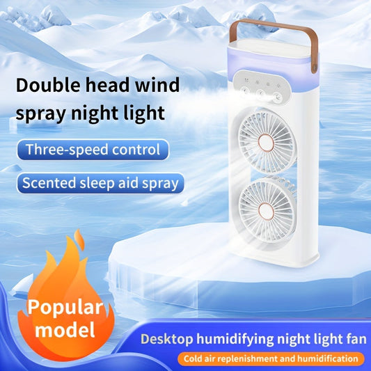 This portable table fan features dual USB-powered fans and a built-in humidifying misting feature. Made of durable painted plastic, it provides indoor and outdoor cooling with its ultra-quiet operation and convenient button control. The fan comes with a