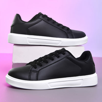 Black lace-up sneakers for women, versatile and comfortable for outdoor activities.