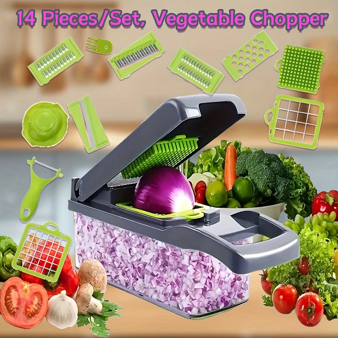 Professional Onion and Vegetable Chopper with Container, 14-in-1 Multifunctional Food Cutter, Kitchen Vegetable Cutter Set with 8pcs Potato, Carrot, and Garlic Cutters