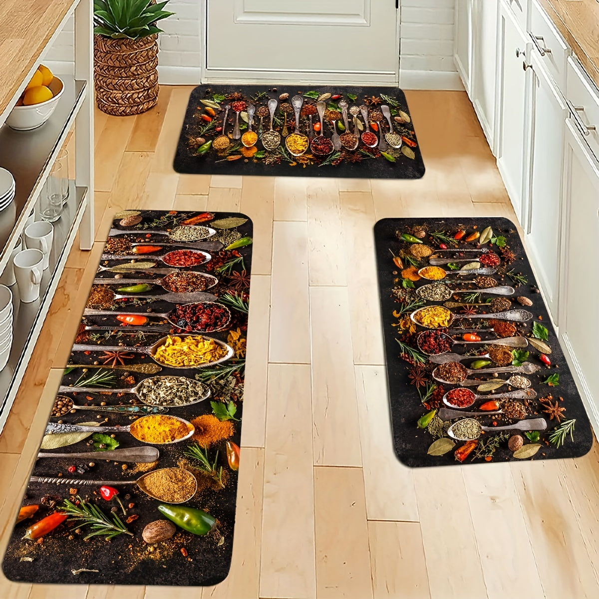 1 piece of Spices and Cutlery Patterned Mat for the Kitchen - Non-slip Kitchen Floor Rug, Home Decor and Room Decoration