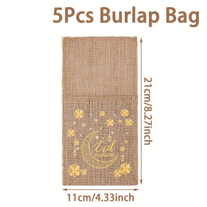 5 Eid Mubarak Burlap Gift Bags with Moon, Lantern & Star Designs for Ramadan Kareem Party Supplies and Islamic Muslim Home Decor. Made of Durable Linen Material with an Elegant Burlap