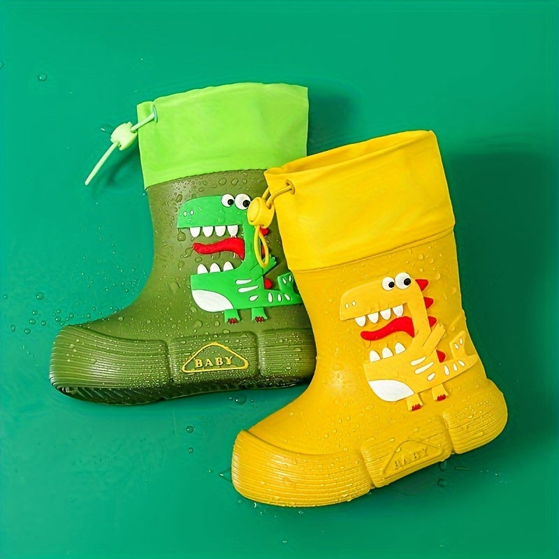 Children's waterproof rain boots featuring adorable cartoon dinosaur and panda designs, with soft, anti-slip soles for both boys and girls.