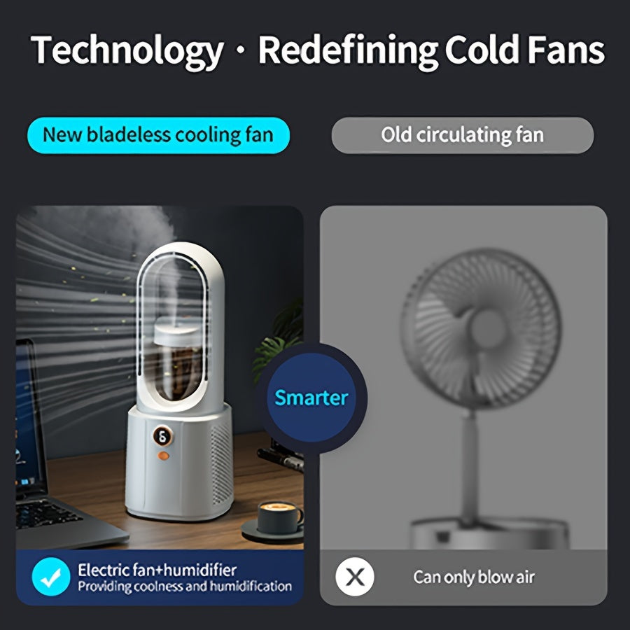 USB Rechargeable Portable Bladeless Desktop Fan with Mist Humidifier - 2200mAh Battery, ABS Material, Power Cable Included, Charging Capability