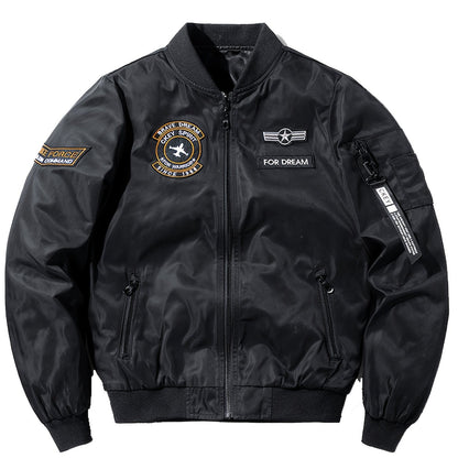 Men's bomber jacket with embroidered "FORCE" patch, windproof and warm polyester construction, zip-up design, ideal for spring and fall casual wear.