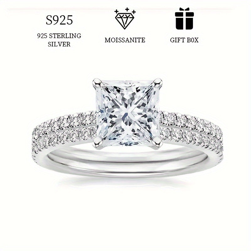 Two-piece set of hypoallergenic 925 sterling silver rings featuring a 1ct square moissanite stone, perfect for stacking. Ideal for proposal, engagement, or wedding band, this eternity ring makes a thoughtful gift for women. Comes with a gift box for easy