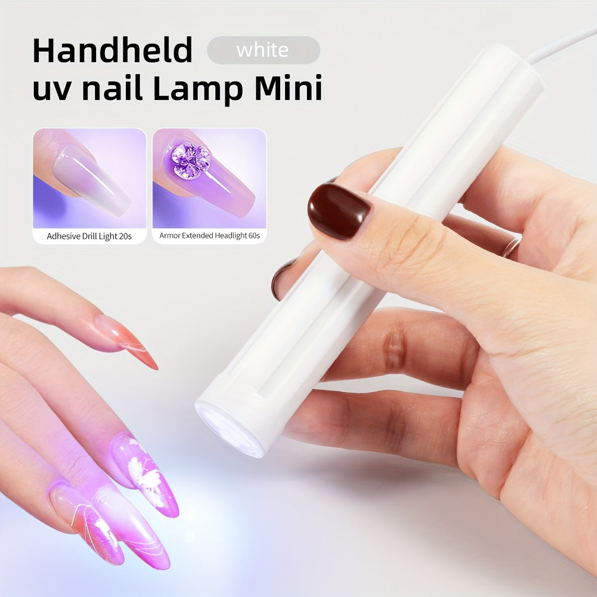 Portable UV Nail Curing Lamp Mini - Handheld LED gel polish dryer with direct plug-in design, USB powered unscented nail art lamp.