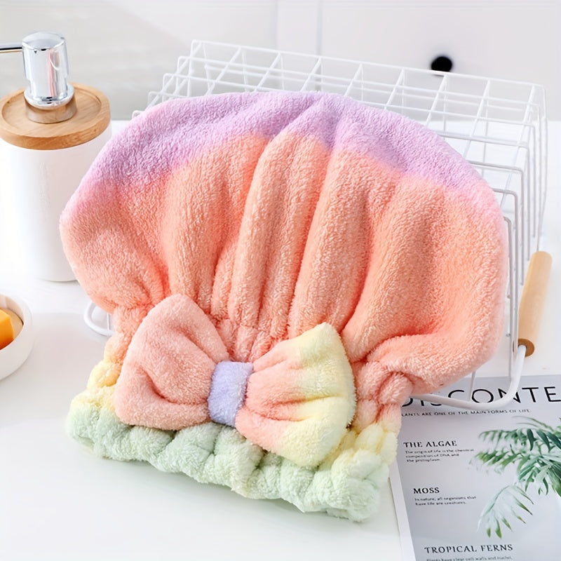 Soft coral fleece hair towel with cute bow, quick-dry, princess hat design in pastel colors, 300 GSM, hand wash only.