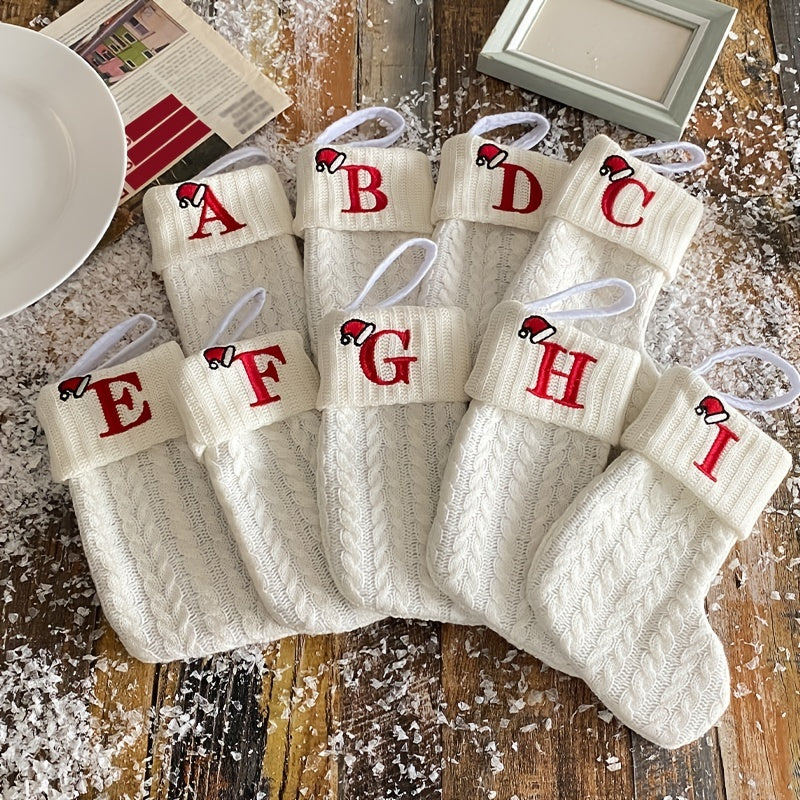 White cable knit stocking with embroidered 'F' - Ideal for indoor decor.