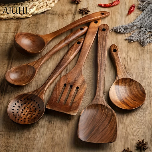 Six wooden utensils set, including cooking spoons, that are both sturdy and elegant kitchen tools for both preparation and serving purposes.