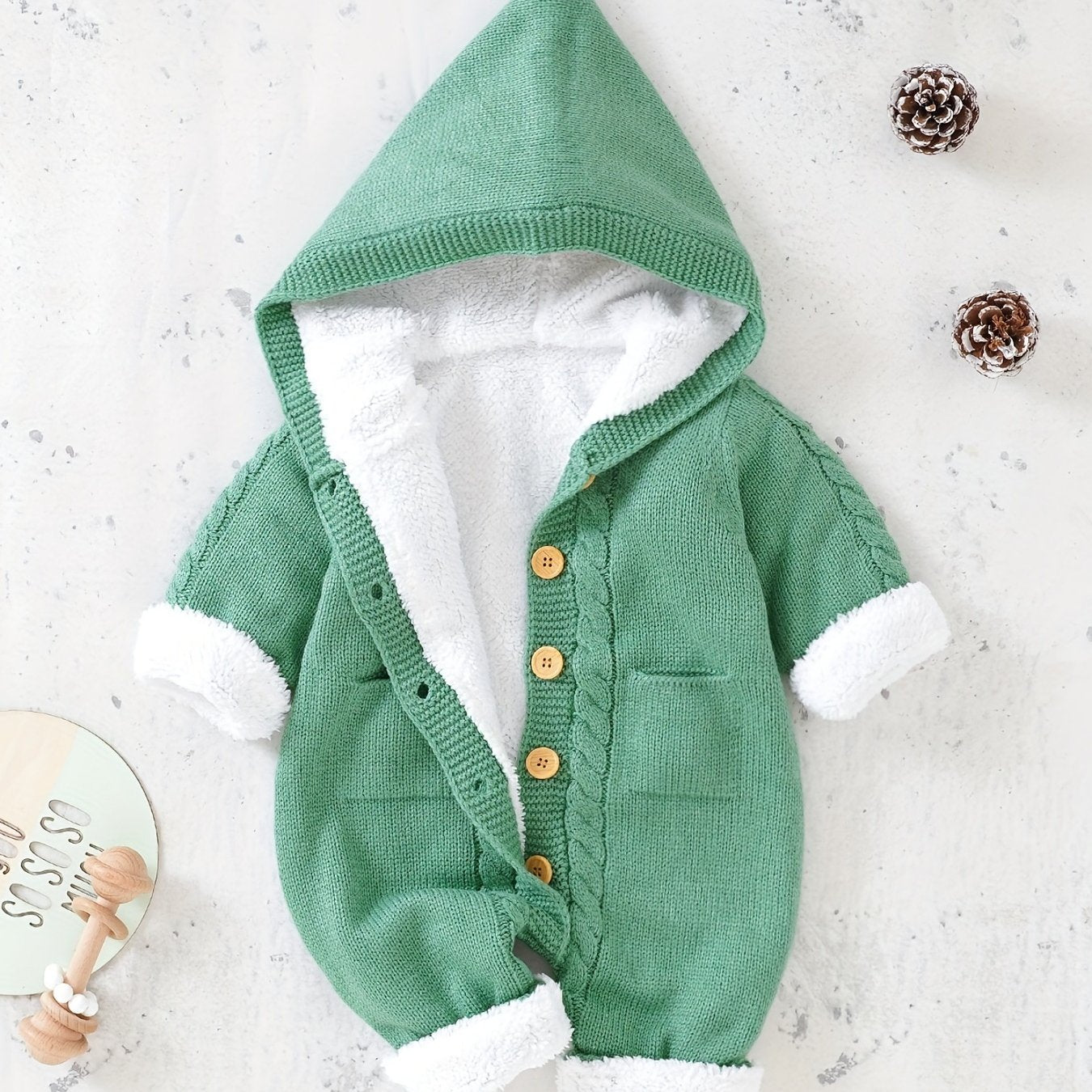 Knitted jumpsuit for newborn boys and girls with long sleeves and hooded pants.